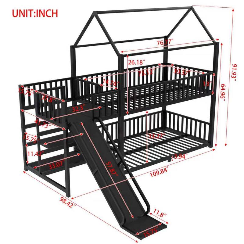 Modern Metal House Bunk Bed with Safety Guardrails, Heavy Duty Metal House Bed Frame with Storage Shelves and Slide