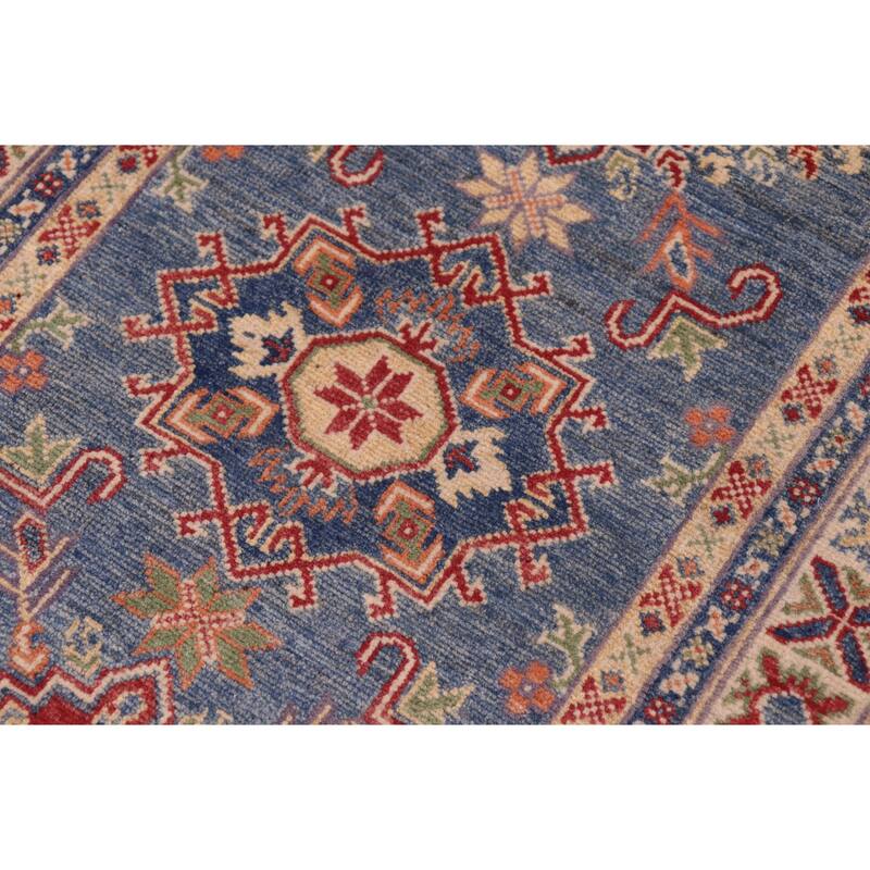 Rustic Kazak Marc Light Blue/Beige Wool Runner - 2'9'' x 9'6''