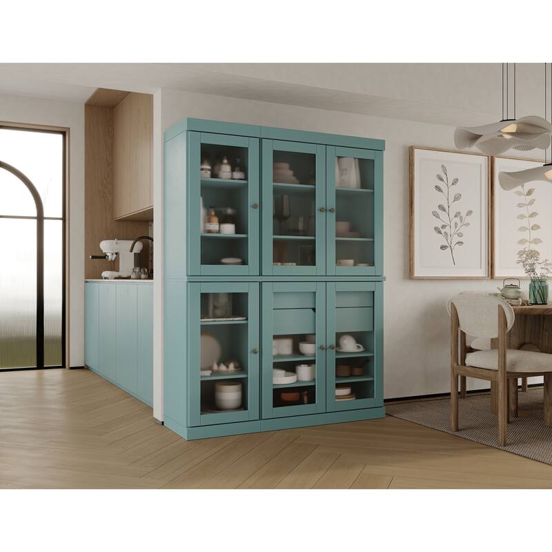 100% Solid Wood 48.5" Pantry Cabinet with Frosted Glass Doors and 2-Drawers