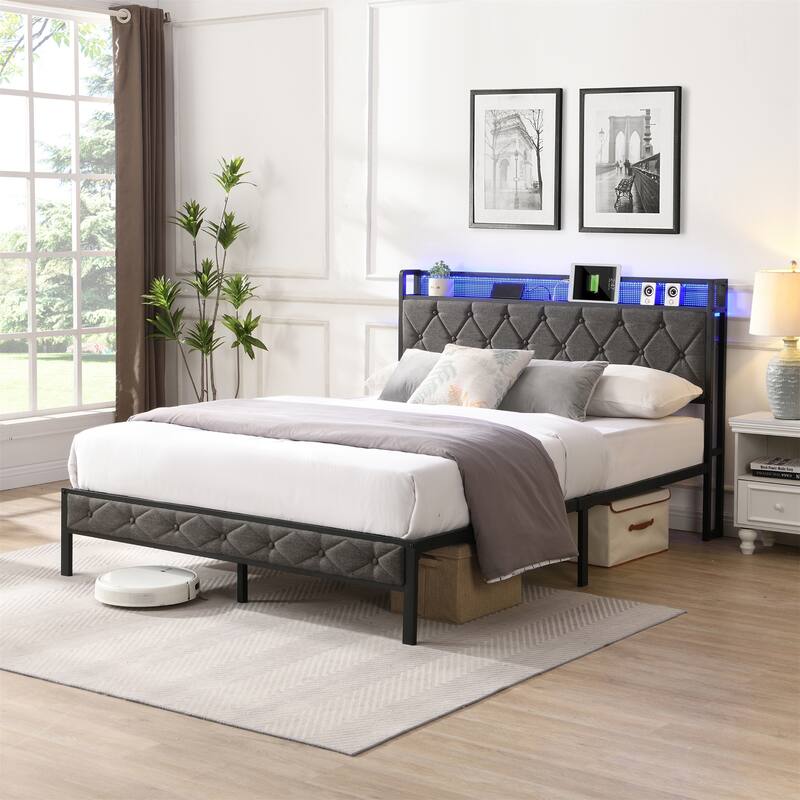 Full Size Upholstered Platform Bed with Charging Station and LED Light - Grey