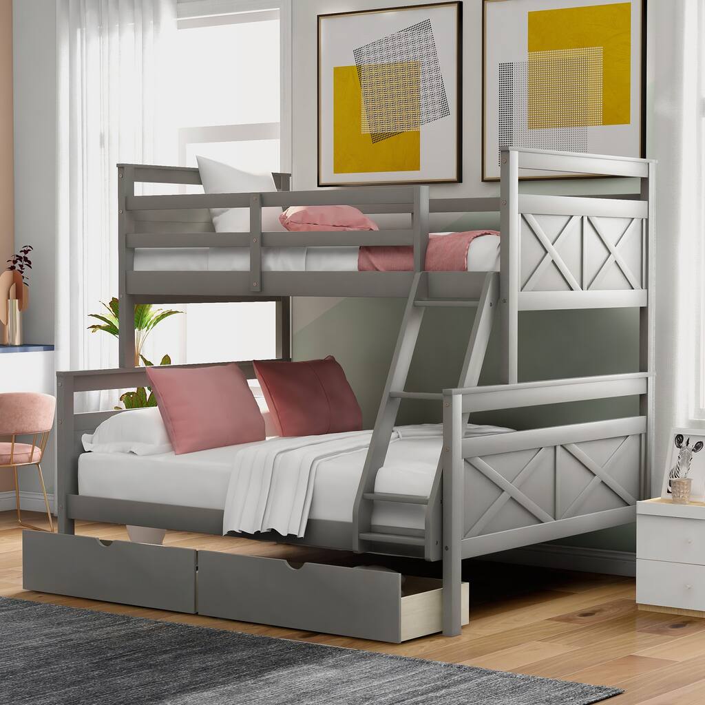 Twin over Full Bunk Bed with Ladder, Two Storage Drawers, Safety Guardrail