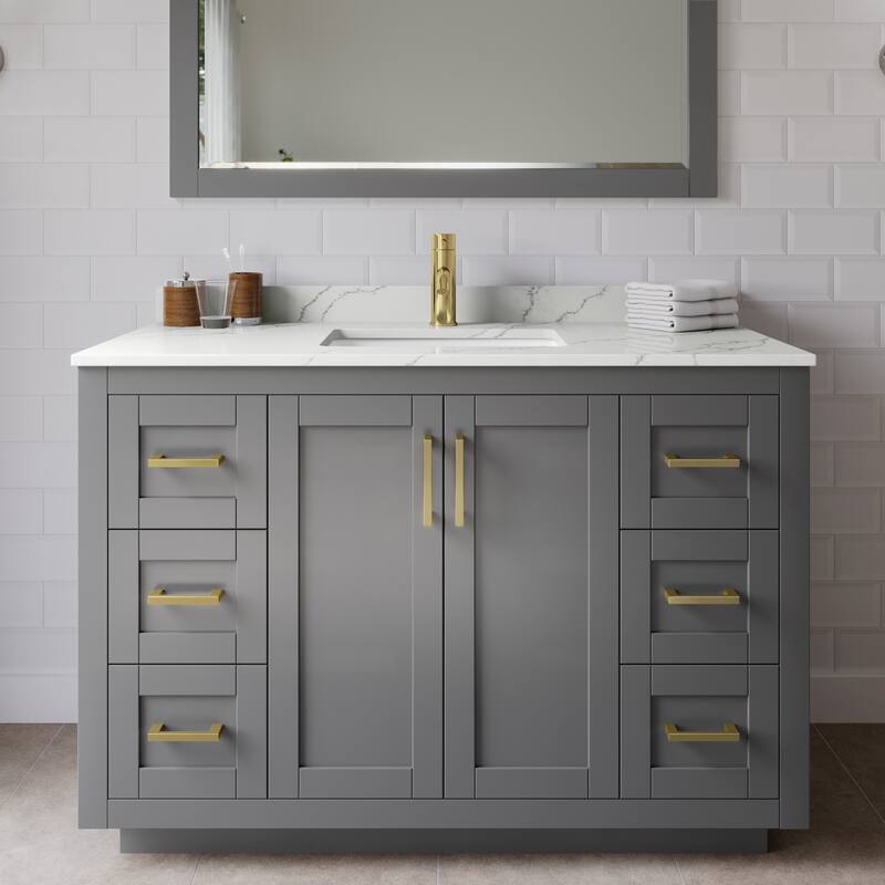 Wyndham Collection WCF292948S-QTZ-UNSM46 Miranda 48" Free Standing - Dark Gray / Giotto Quartz Top / Brushed Gold