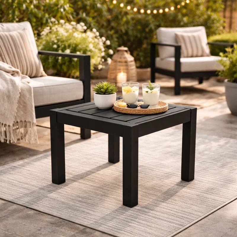 Josh 18 Inch Side End Table, Polyresin Planks, Jet Black Aluminum Frame