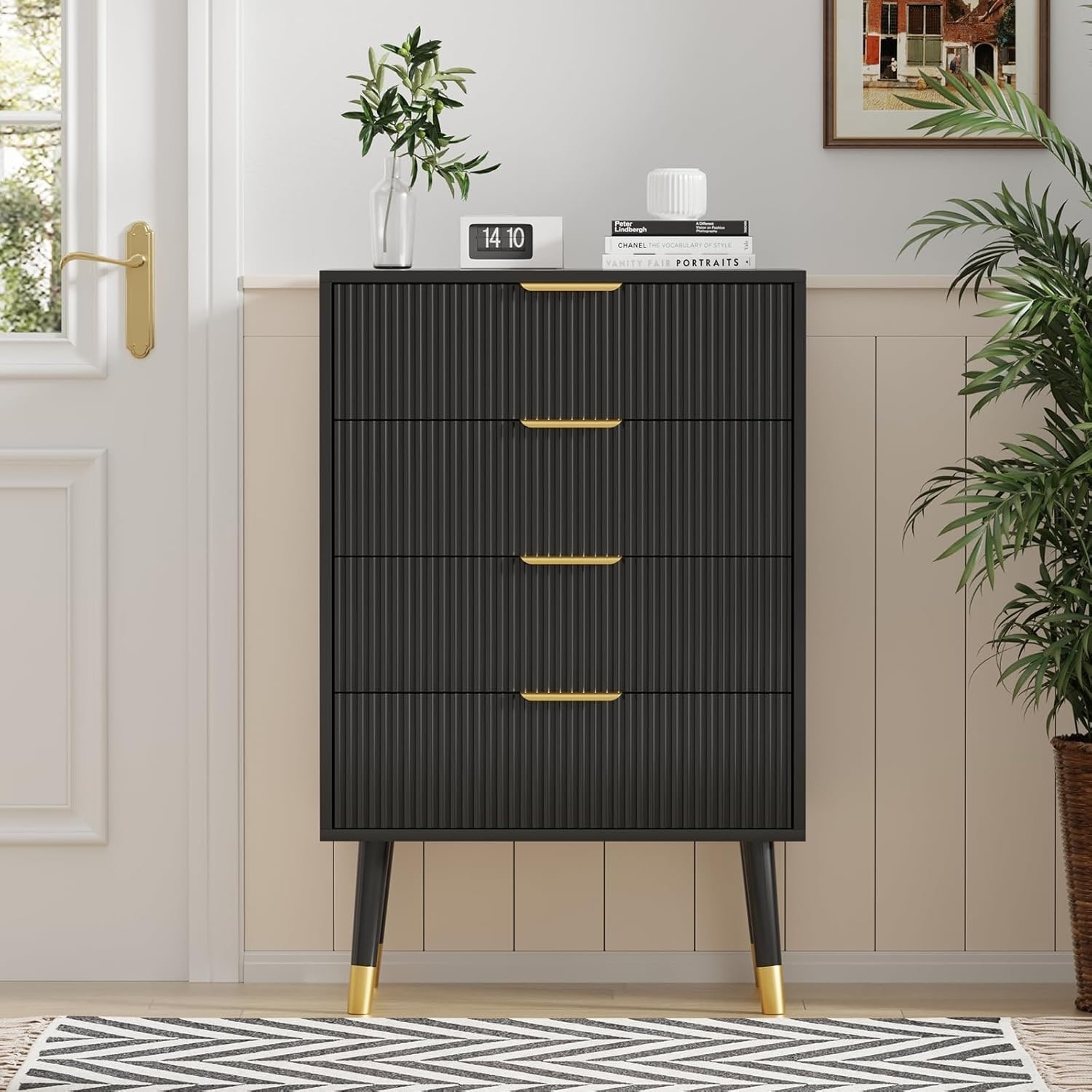 4 Drawer Modern Dresser, Fluted Wood Storage Chest Nightstand Bedroom