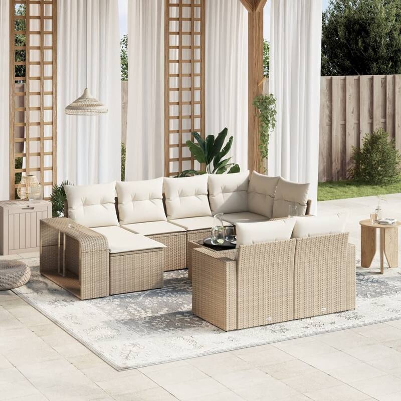 vidaXL Patio Sofa Set with Cushions Lounge Sofa Sections 11 Piece Poly Rattan - Beige and cream Room for 11 people Glass