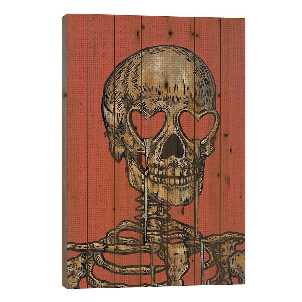 Skull With Heart Eyes Print On Wood by Illunatica - Multi-Color