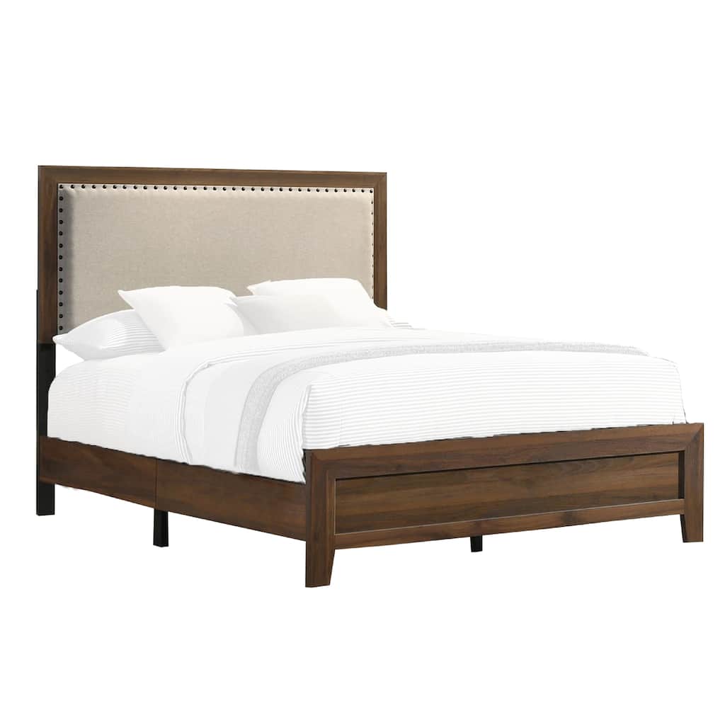 Shannon Queen Bed with Nailhead Trim, Ivory Fabric on Cherry Brown Wood