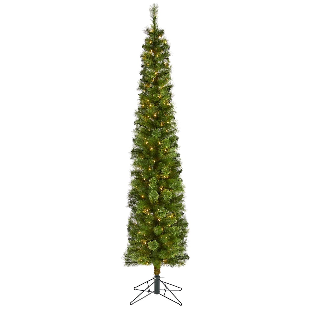7ft. Green Pencil Artificial Christmas Tree with 150 Clear Multifunction LED Lights and 338 Branches - Stylish Slim X-Mas Tree