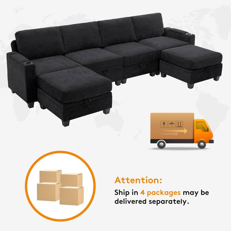 Chenille Sectional Sofa, Hidden Storage & Modular Design
