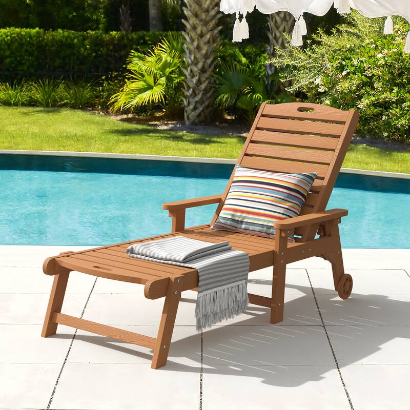 Outdoor Adjustable Wheeled Chaise Lounge Chairs with Arms for Patio, Deck, Backyard - 78.9"L x 24"W x 39.7"H - Teak