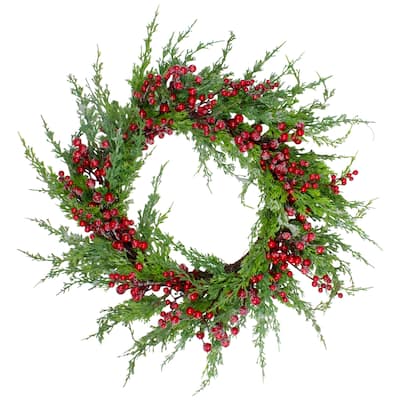 Frosted Red Berries Artificial Christmas Wreath - 26-Inch Unlit - 26"