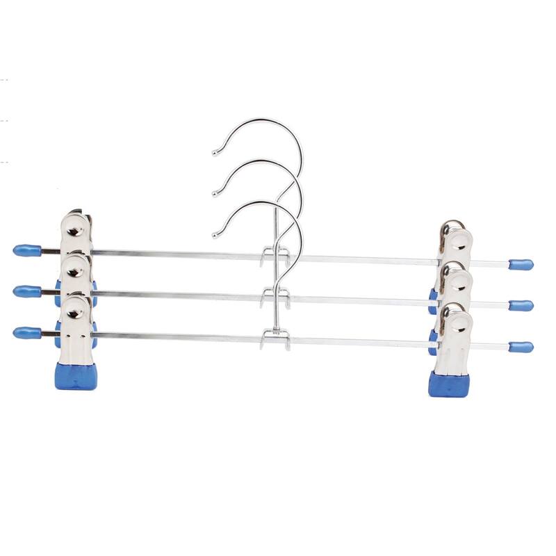 Home Silver Tone Blue Metal 2 Clips Clamps Clothes Pants Hanger Hook 3Pcs - Silver Tone,Blue