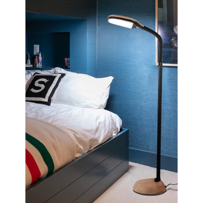 Brightech Litespan 53 in. Natural Wood Industrial Dimmable LED Floor Lamp with Height Adjustable Gooseneck Head