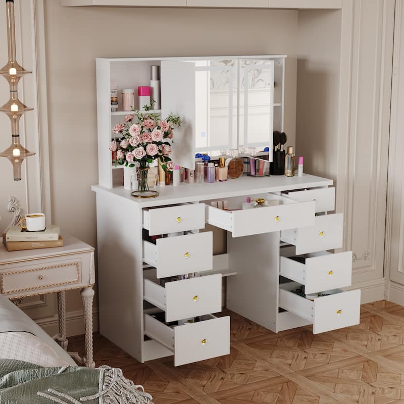 Makeup Vanity with 3-Color Lighted Mirror, Large Vanity Table Dressing