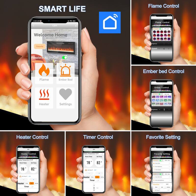 50" Smart WiFi Electric Fireplace, Recessed & Wall-Mount Heater