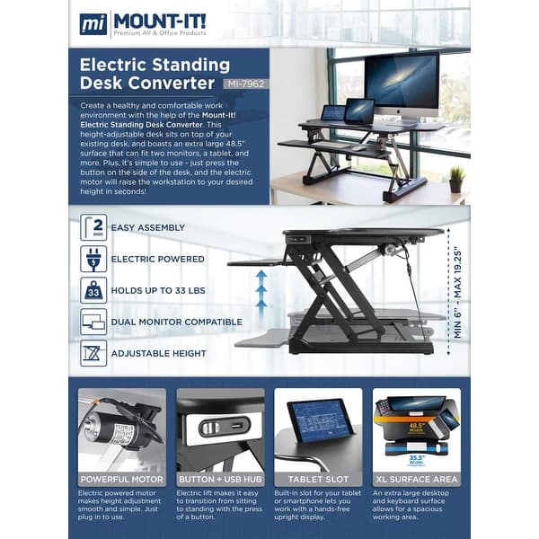 Mount-It! 48 in. Black Extra-Wide Height Adjustable Standing Desk Converter