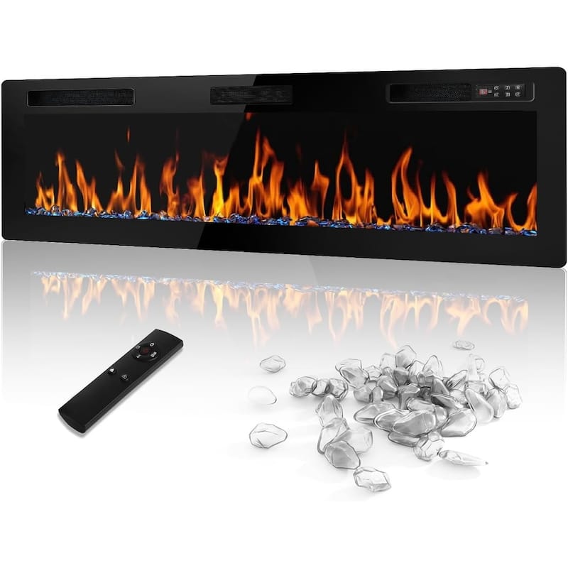 BOSSIN Electric Fireplace - Recessed or Wall Mounted Heater, 750/ 1500W, Adjustable Flame, Remote & Touch Control, Timer - 72INCH