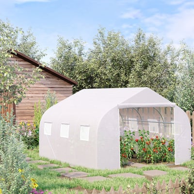 Outsunny 12' x 10' x 7' Outdoor Walk-In Tunnel Greenhouse Hot House with Roll-up Windows, Zippered Door, PE Cover, White