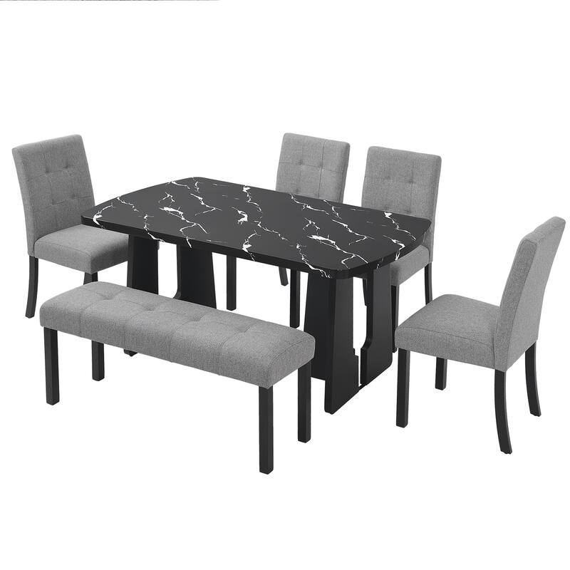 Roomfitters 6 Piece Modern Dining Table Set, 63 Inch Faux Marble Table with Bench and Upholstered Chairs