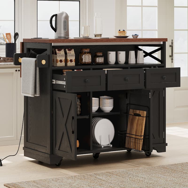 46.5" Farmhouse Kitchen Island Cart with Drape of Beads, Power Outlet, Rolling Kitchen Cart on Wheels with Drop Leaf