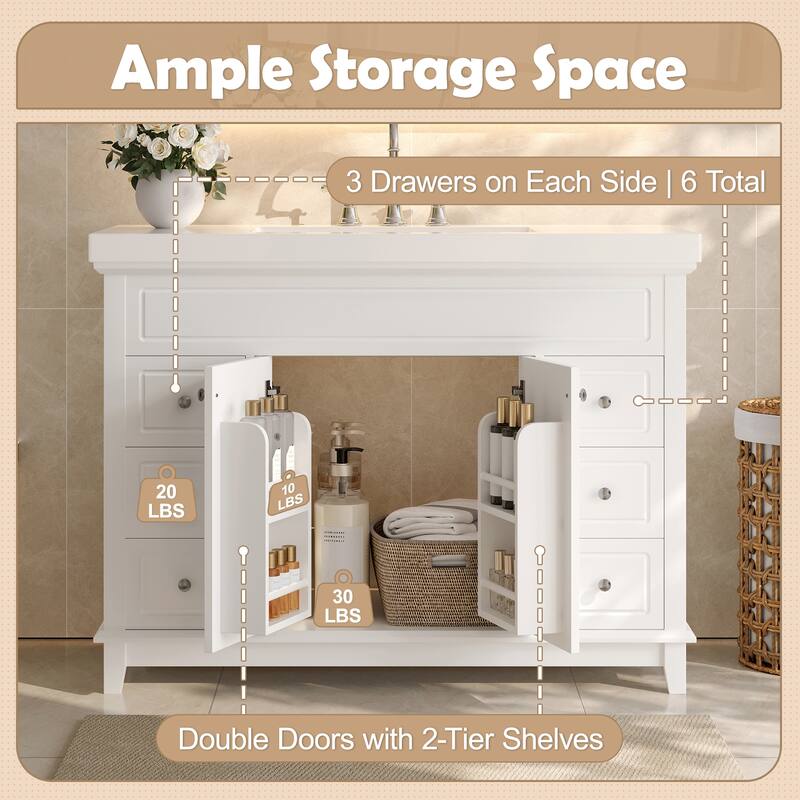 48" Bathroom Vanity-Classic- Pine Legs-Resin Sink with Soft-Close Drawers & Double Doors.