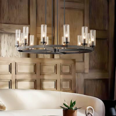 12-Light Mid-Century Modern Cylinder Clear Glass Wagon Wheel Chandelier Gold/Black Large Chandelier