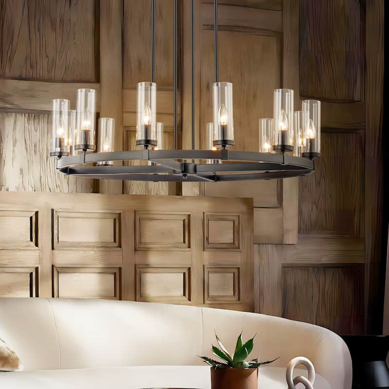 12-Light Mid-Century Modern Gold/Black Clear Glass Large Wagon Wheel Chandelier for Dining Room/ Living Room - Black