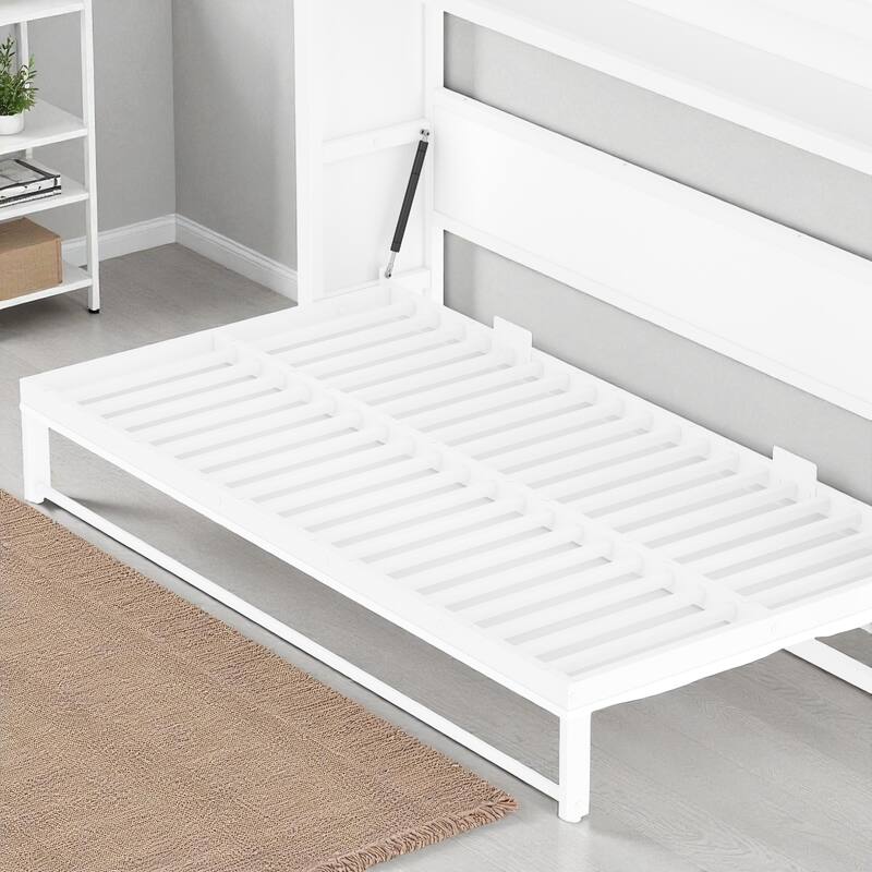 Twin Size Metal Murphy Bed with Storage Shelves, Foldable Wall Bed Frame for Guest Room or Apartment, Space-Saving Design