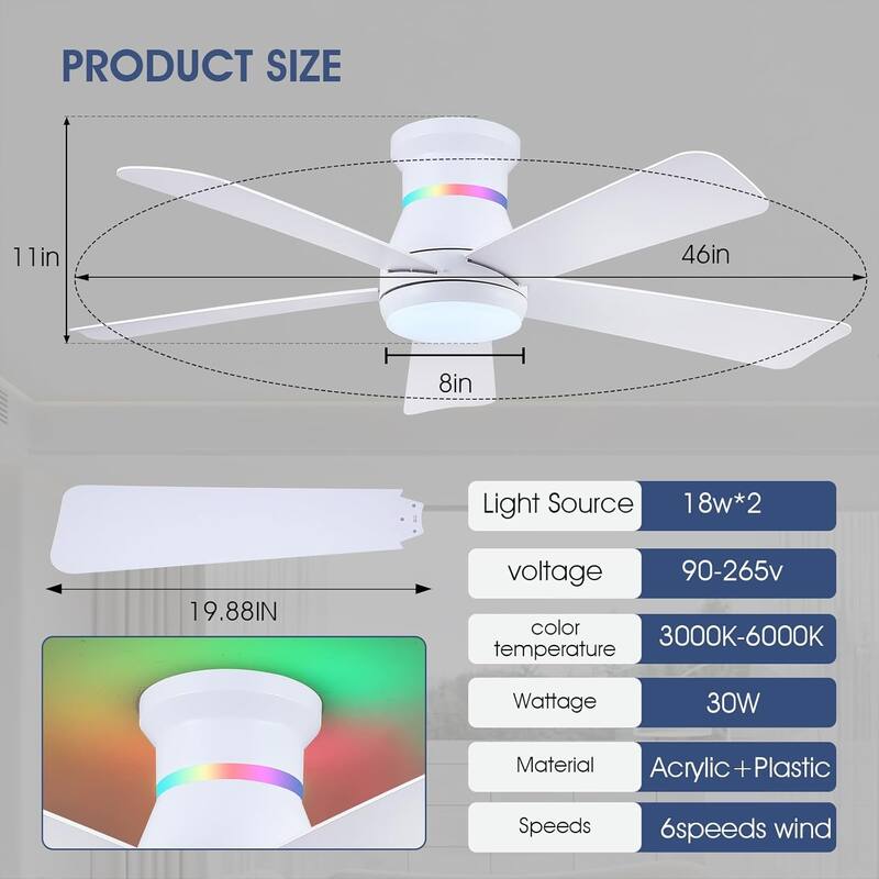 52 Inches RGB Flush Mount Ceiling Fan with Light and Remote,DC Motor,for Living Room Bedroom - 52 Inches
