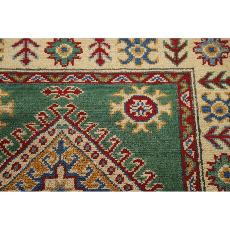 Green Geometric Kazak Runner Rug Handmade Wool Carpet - 2'8" x 16'2"