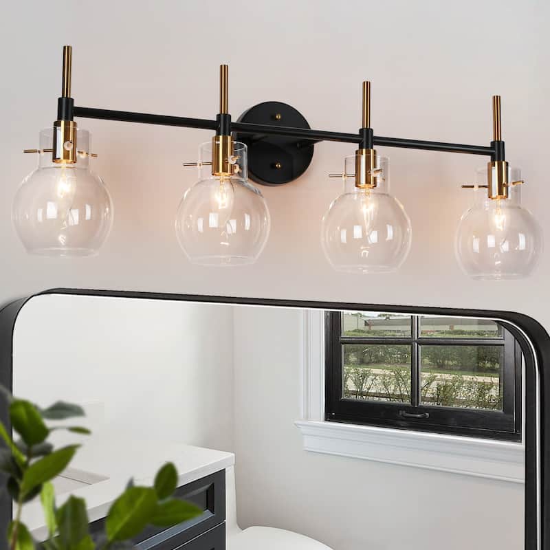 Isha 4-Light Bathroom Black Gold Vanity Lights Modern Wall Sconce with Clear Glass