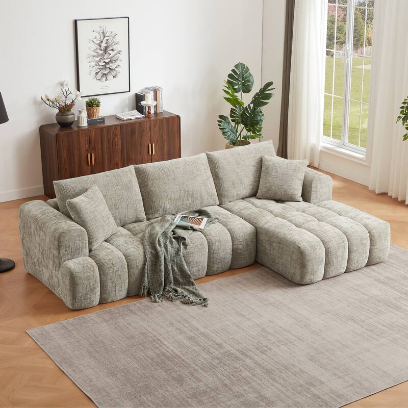 Modular Corduroy L-shaped Sectional Sofa with Chaise, Deep Seat & Plush Cushions, 3 Seater Couch for Living Room - Khaki
