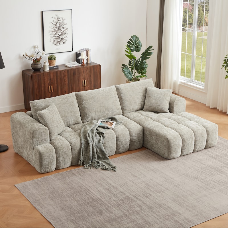 Roomfitters Oversized Chenille Sectional Sofa, Modern L-Shaped Cloud Couch with Right Chaise and Deep Seats - Khaki