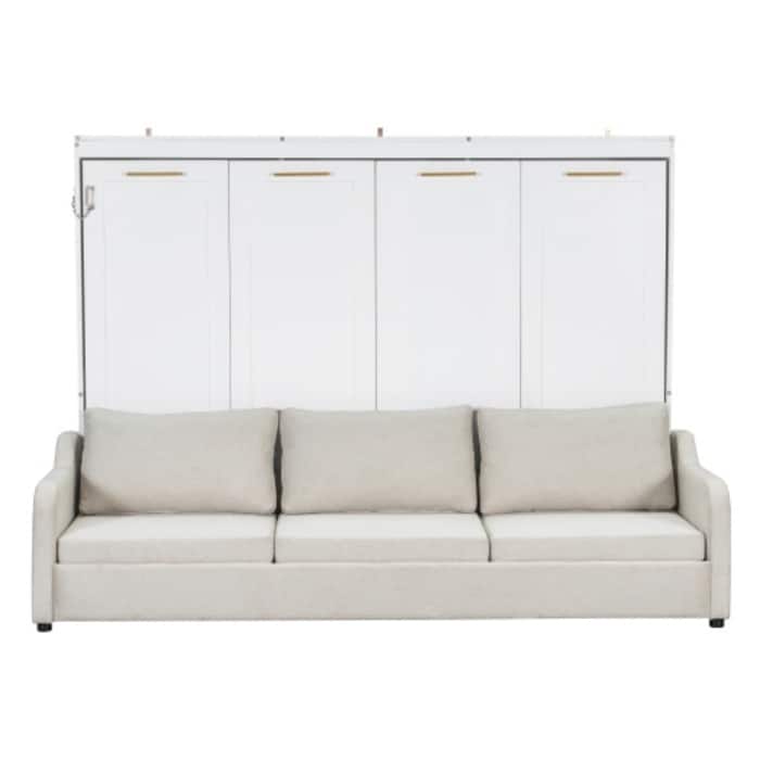 Queen/Full Size Murphy Cabinet Bed - Converts to Folding Sofa with Storage Shelves and LED Lights
