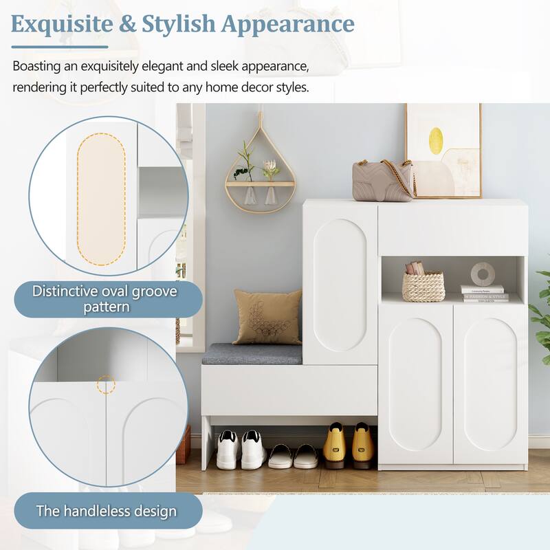 Modern Storage Bench with Arched Doors & Rebound Devices, Versatile Shoe Rack Organizer with Adjustable Shelves