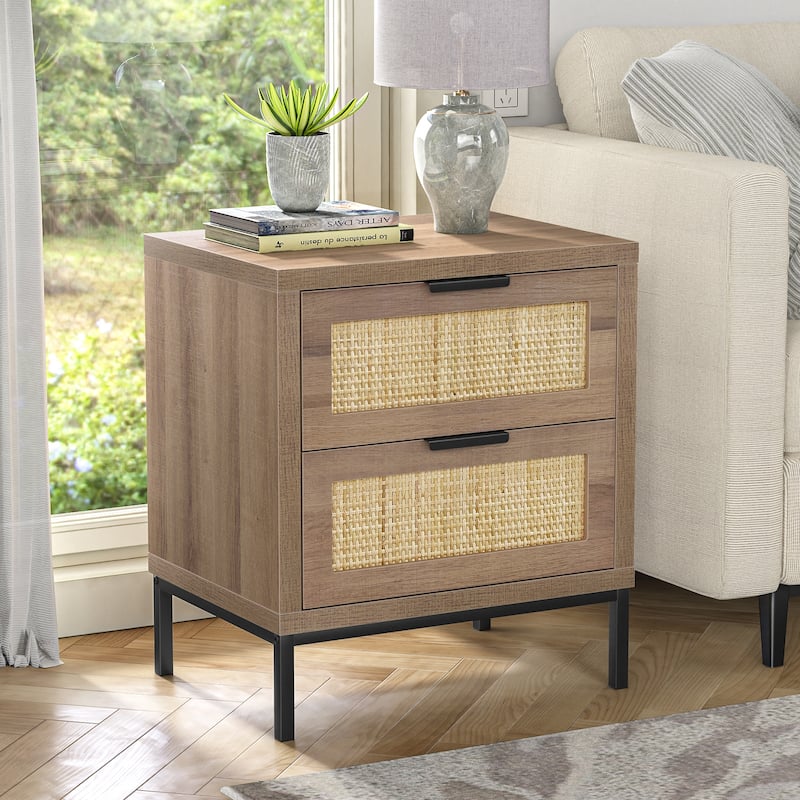 Anmytek Farmhouse 2-Drawer Nightstand Wood Rattan Bedside Table for Bedroom