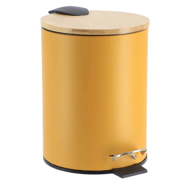 Stylish Trash Can with Bamboo Lid and Pedal, 2.5L Capacity - 9.2" H x 8" L x 8" W - Mustard Yellow