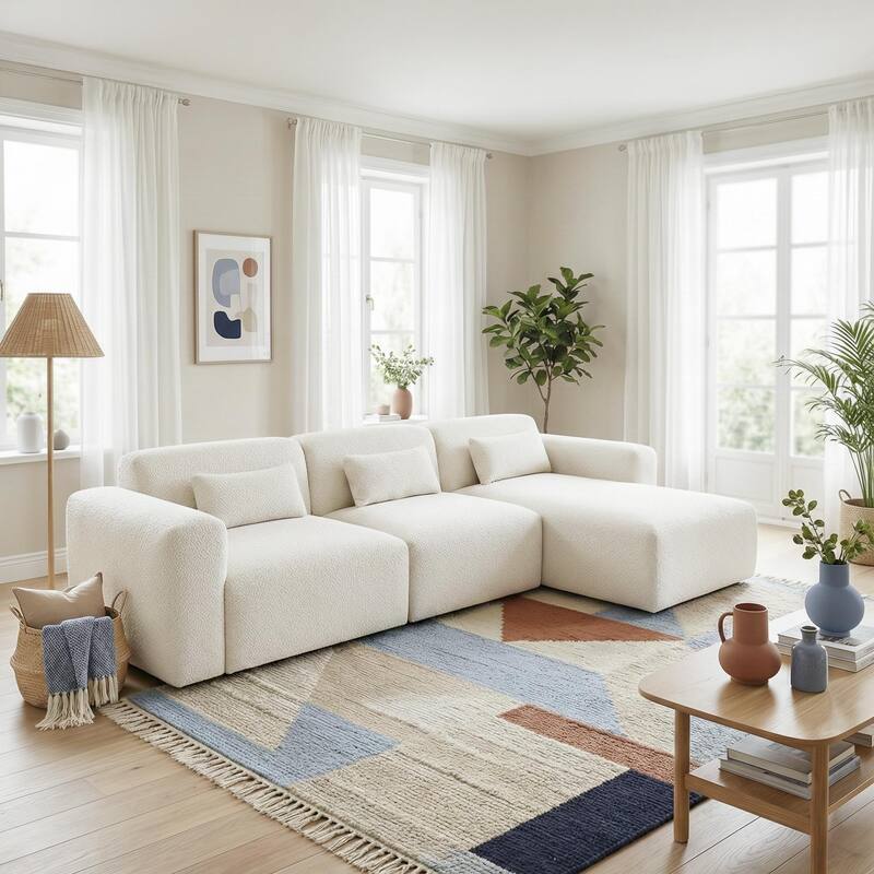 Hobbs Modern Boucle Sectional Sofa with Deep Ergonomic Seating - Sand Boucle