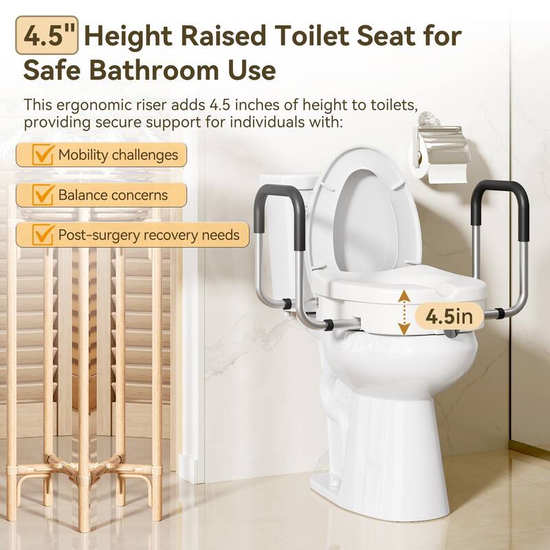 Raised Toilet Seat, 4.5" Riser with Adjustable Soft Padded Arms, Fits Most Elongated Toilets