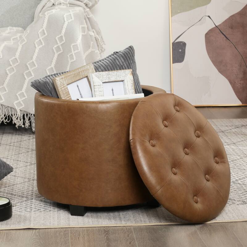 Adeco 17" Faux Leather Round Storage Ottoman with Tufted
