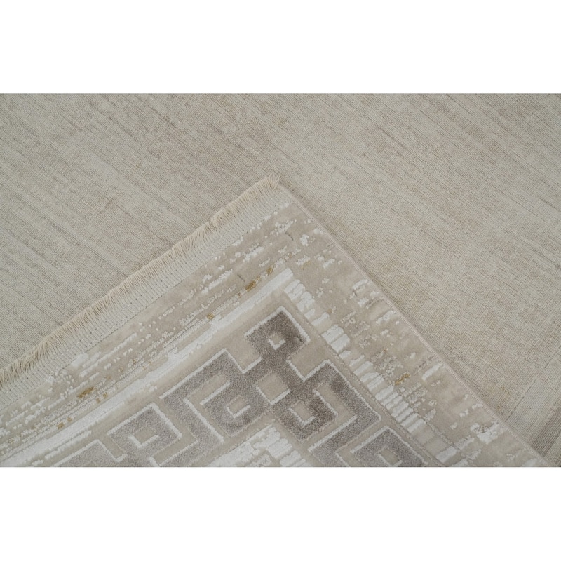 Machine Made Oriental Polyester Carpet Abstract Beige & Ivories Distressed Area Rug - 7' 5'' X 5' 2''