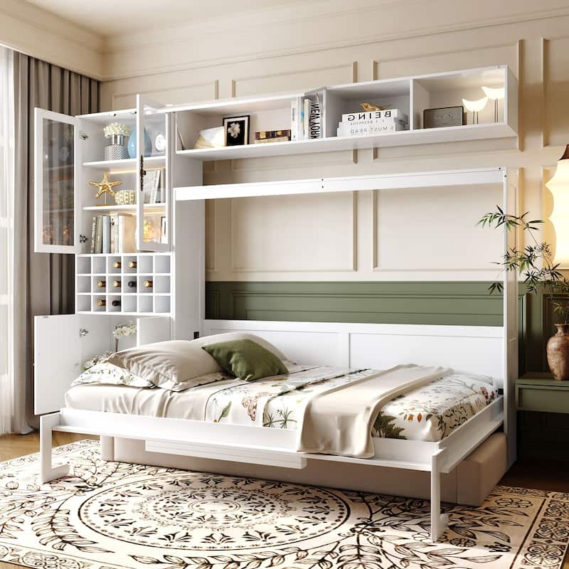 Multifunctional Full Size Murphy Bed Storage Wall Bed with Sofa, USB, Glass Door Cabinet, Wine Rack and Shelves, Foldable Design
