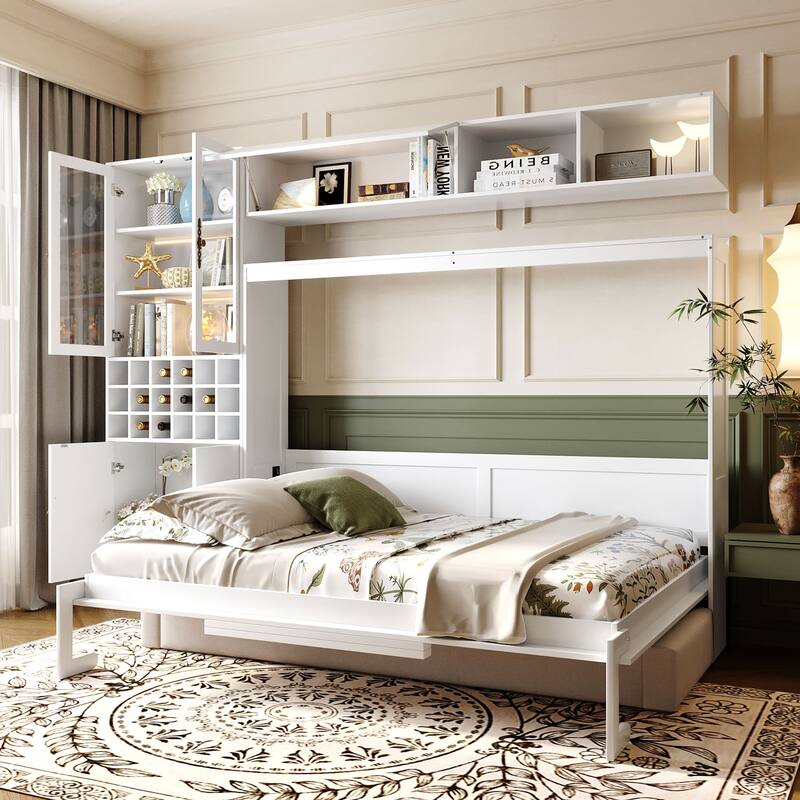 Wood Wall Murphy Bed Frame with Couch, USB and Light, Foldable Wall Platform Bed with All-in-One Storage Cabinet