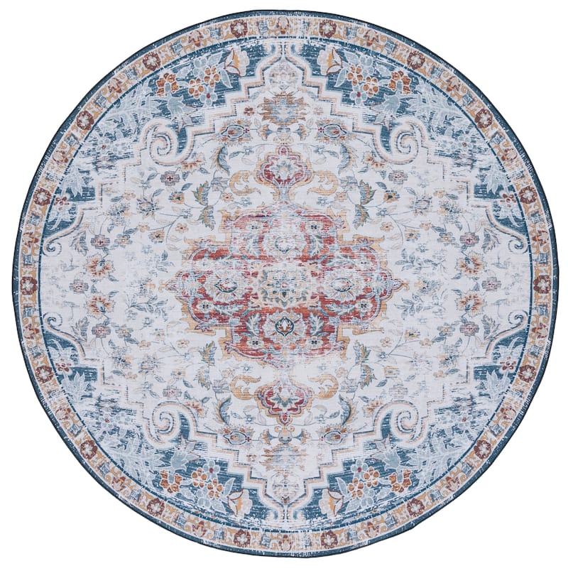 SAFAVIEH Tucson Machine Washable Slip Resistant Harmanda Oriental Medallion - 6' x 6' Round - Grey/Rust - Round