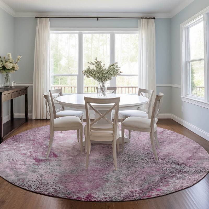 Machine Washable Indoor/ Outdoor Abstract Watercolor Chantille Rug - Pink - 8' x 8'