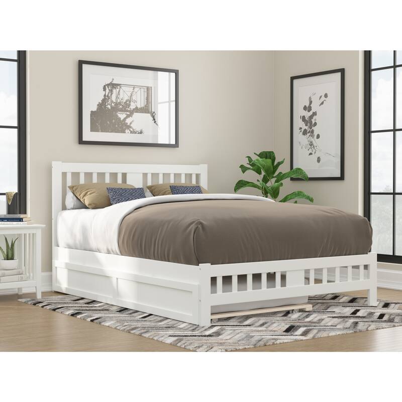 Twin Trundle Bed with Footboard - White Finish, Antique Style, Solid Wood Frame, Easy Assembly
