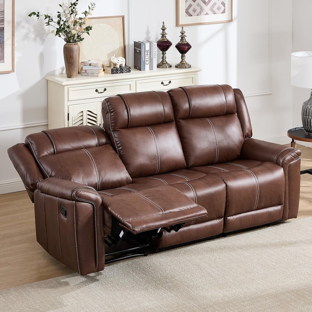 Faux Leather Recliner 3 Seat Couch, Manual Reclining Sofa, Mid-Century Modern 3-Seater Chair for Living Room