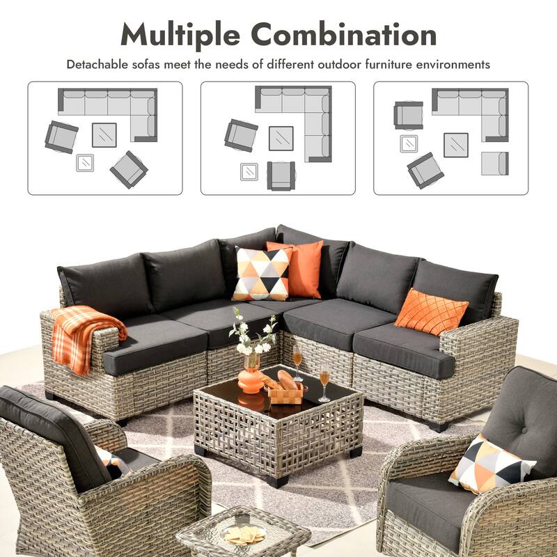 OVIOS 9 Pieces T shaped Seat Curved Swivel Chair Set With Fire Pit