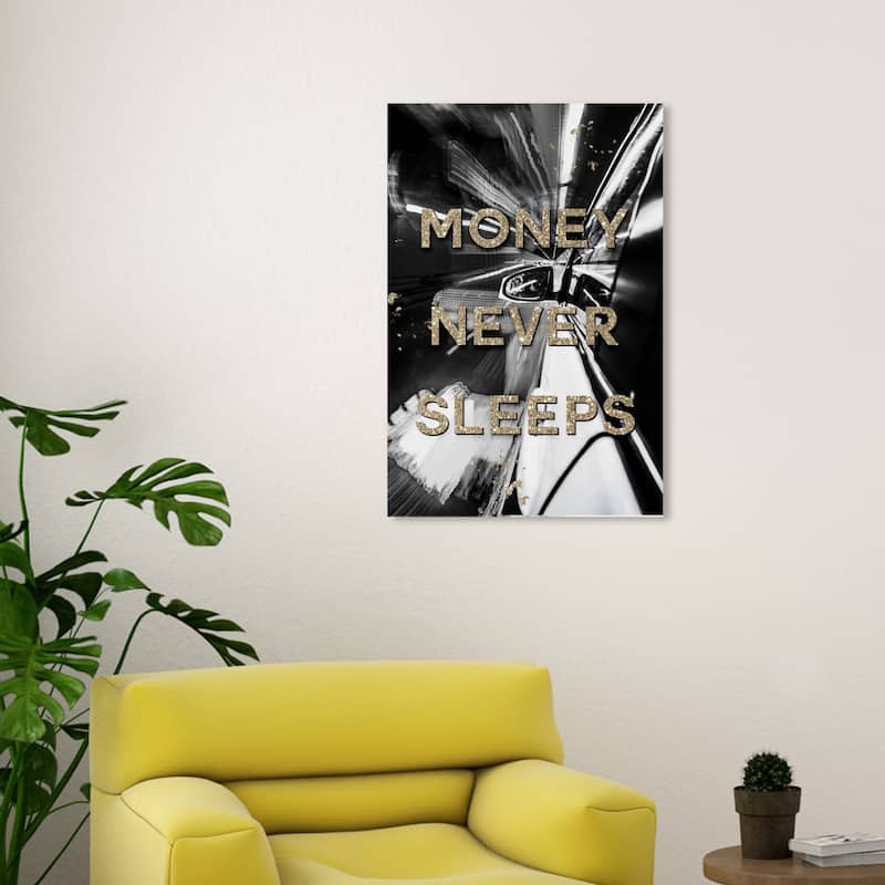 Wynwood Studio Canvas Typography and Quotes Money Never Sleeps Drive Gold and Glam Wall Art Canvas Print - 30 x 20
