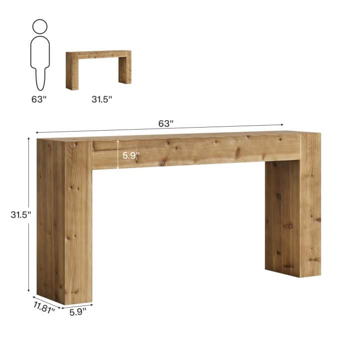 63-inch Solid Wood Console Table, Rustic Entryway Table, Sofa Table
